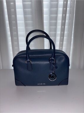 Michael Kors Navy Pebbled Leather Dome Satchel with MK Charm